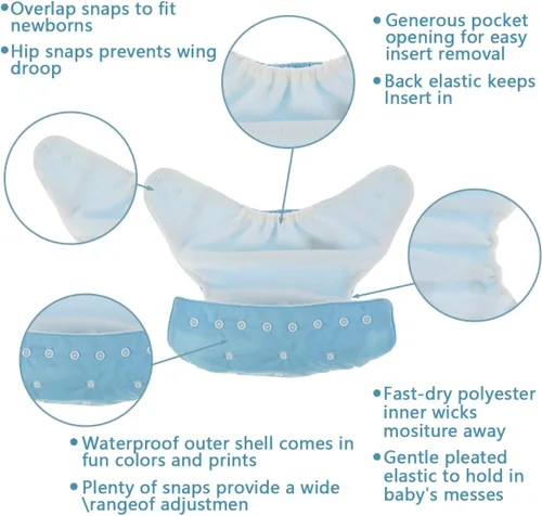 Vista 6 de 7 pañales de tela para bebé, pañales de bolsillo reutilizables, lavables, ajustables, súper absorbentes, pañales cómodos multicolor, pañales