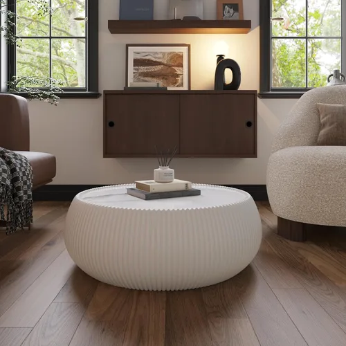Vista 3 de Mesa de centro redonda de 27.55 pulgadas para sala de estar, mesas modernas, centro pequeño con patrón de mármol superior para apartamento, oficina