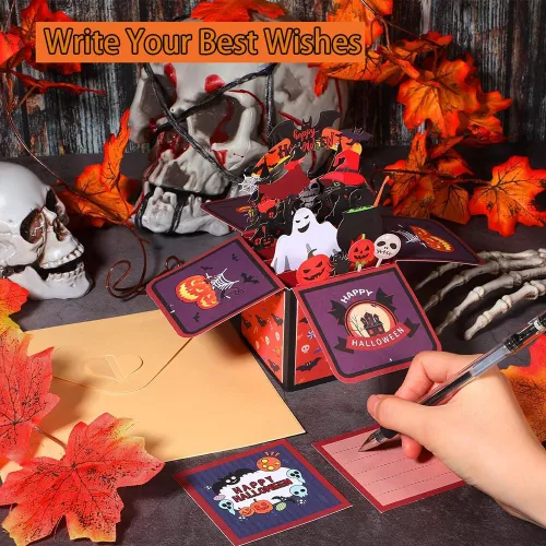 Vista 4 de Tarjeta de caja desplegable de Halloween, 3D de casa encantada, fantasma, calabaza, tarjetas para fiesta de Halloween con sobres, etiqueta de notas