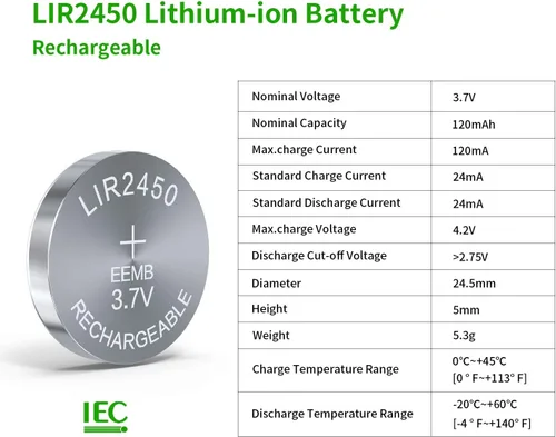 Vista 2 de EEMB 10PCS LIR2450 Batería Recargable 3.7V Litio-ion Moneda Botón Celda Baterías 120mAh