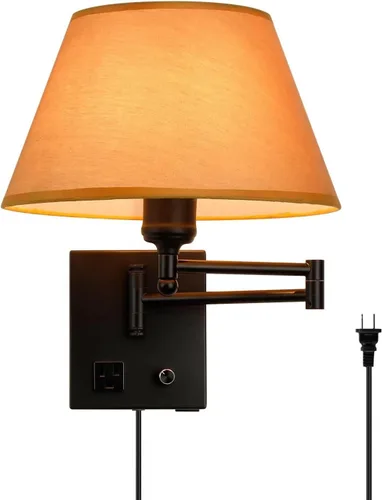 Vista 9 de Apliques de pared con brazo oscilante, lámpara de pared enchufable, lámpara de pared para dormitorio, pantalla de tela blanca, con interruptor Níquel