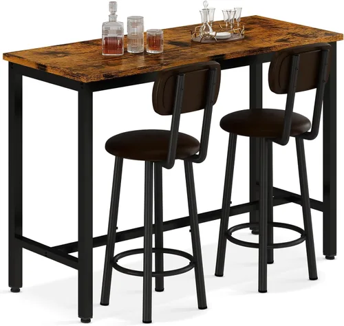 Vista 8 de AWQM Juego de mesa de 47.2 pulgadas de altura de pub para 4, juego de comedor de cocina con 2 mesas de bar y 4 taburetes de piel sintética