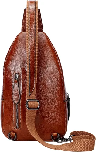 Vista 5 de PIJUSHI Mochila bandolera de cuero genuino para hombres y mujeres casual Crossbody hombro pecho Daypack