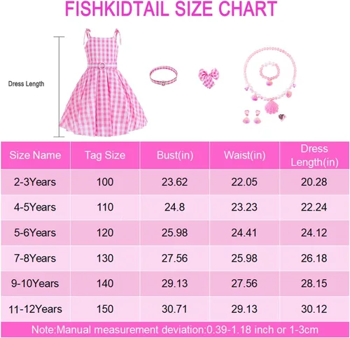 Vista 5 de Fishkidtail Vestido de guinga para niñas de la película 2023, disfraz de cosplay, cumpleaños, Halloween, fiesta de Navidad