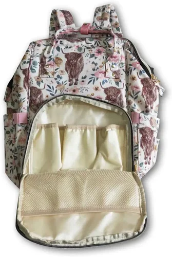 Vista 7 de Mochila de pañales de vaca de las tierras altas florales rosas