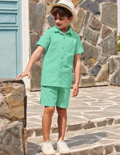Vista 5 de COOFANDY Boy's 2 Piece Outfit Linen Short Sleeve Button Down Shirt Shorts Sets