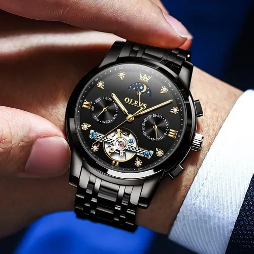 Vista 2 de OLEVS Relojes automáticos para hombre, esqueleto Tourbillon, reloj de pulsera de lujo con diamantes de cuerda automática, acero inoxidable