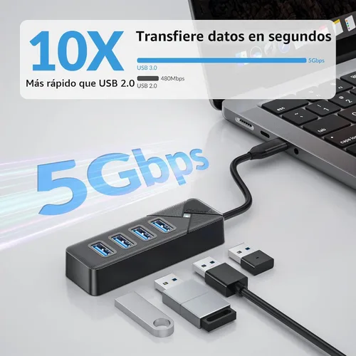 Vista 5 de GiGimundo Hub USB C de 4 puertos para laptop, adaptador multipuerto USB C a USB Hub transferencia de 5 Gbps, divisor USB C para laptop, MacBook Negro