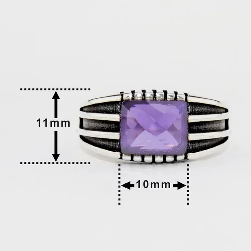 Vista 4 de Anillo de lujo de plata de ley 925 sólida para hombre con piedra de amatista simulada púrpura transparente facetada, Metal Metal Piedra, Amatista
