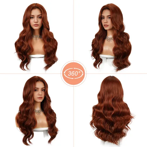 Vista 2 de Halcyon Peluca larga de color rojo cobre castaño rojizo para mujeres negras, peluca ondulada de aspecto natural, peluca sintética de aspecto Cobre