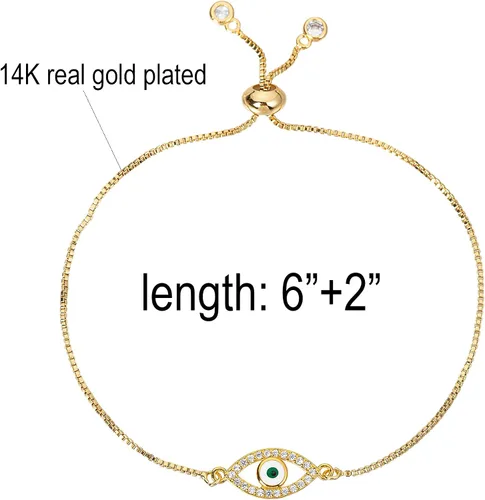Vista 2 de Pulsera delicada chapada en oro real de 14 quilates para mujeres y hombres eslabones de cadena de oro ajustable con eslabones de ojo malvado Hamsa