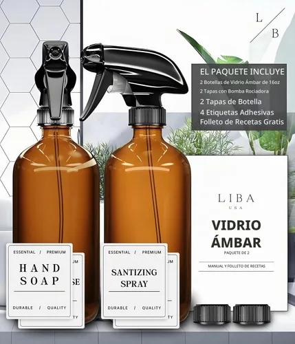 Vista 9 de LiBa Botellas pulverizadoras de vidrio ámbar, paquete de 2 boquillas