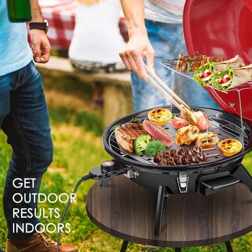 Vista 7 de Techwood - Parrilla eléctrica para barbacoa de 15 porciones para interiores y exteriores, diseño de doble capa, parrilla portátil extraíble, 1600 W