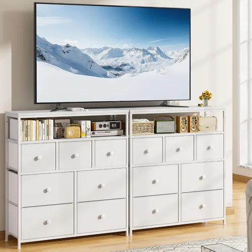 Vista 6 de Cómoda para dormitorio con 7 cajones y 2 estantes abiertos, soporte de TV para dormitorio, cómoda blanca para pasillo, entrada, dormitorio