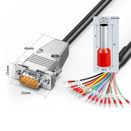 Vista 4 de Conector DB9 macho a cable desnudo, cable serie DB9, cable de extensión serie de 9 pines 26AWG 10FT-3M, los 9 cables equipados con bloques de DB15