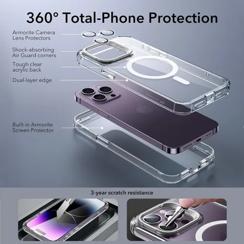 Vista 2 de ESR - Funda completa para iPhone 14 Pro Max, con soporte, MagSafe, a prueba de caídas de grado militar, protector de pantalla incorporado de vidrio