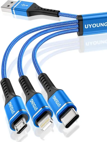 Vista 16 de Cable de carga múltiple corto de 1 pie, paquete de 2 cables de carga 3 en 1, cables universales trenzados para teléfono con conectores