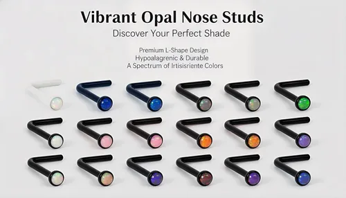 Vista 7 de Piercing para la nariz, calibre 22, relleno de oro de 14 quilates, simple en forma de L con ópalo blanco, pin de nariz de oro único, joyería Negro-L