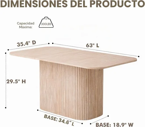 Vista 2 de Mesa de comedor de 63 pulgadas para 4 personas, esquinas redondeadas, base de pedestal a rayas, mesa rectangular moderna de granja, color beige