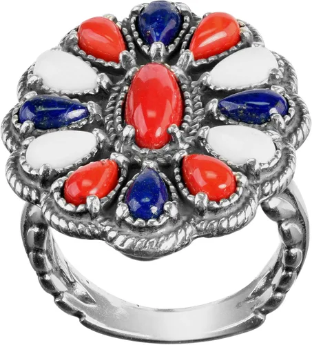 Vista 4 de American West Sterling Coral, Ágata, Lapislázuli - Anillo de racimo rojo, blanco y azul tamaños 5 a 10