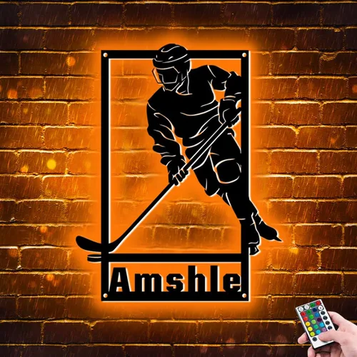 Vista 17 de Letrero de metal personalizado para jugador de hockey con luz LED, nombre personalizado y número, arte de pared de hockey, letrero de neón