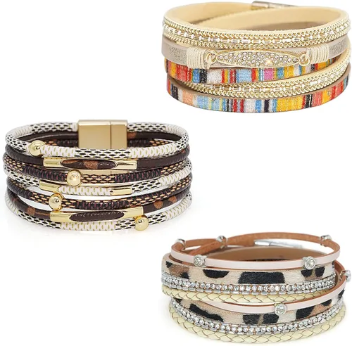 Vista 18 de Wowanoo - Juego de 3 pulseras de cuero de varias capas con cierre magnético para mujer, con cristales, ramas de árbol pulseras para mujer.