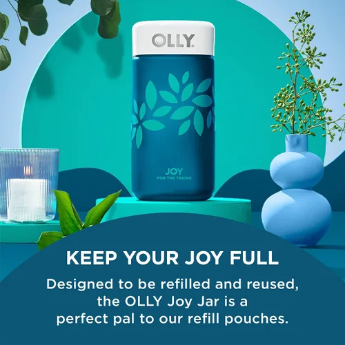 Vista 2 de OLLY Joy Jar Gift - Recipiente de vitaminas de botella de vidrio fácil recargable, capacidad para hasta 120 gomitas de vitaminas, edición limitada