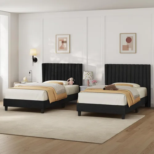 Vista 8 de Yaheetech Base de cama individual tapizada con cabecera de tela, diseño de borde de ala, antideslizante y sin ruido, soporte de listones de madera