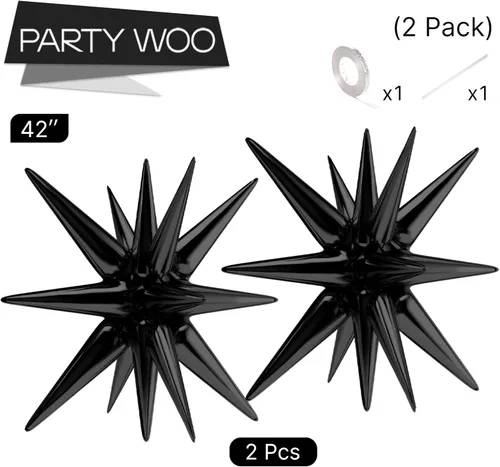 Vista 4 de Globos de papel de aluminio con forma de estrella negra de PartyWoo, 2 piezas de 42 pulgadas, grandes, con puntas explosivas, de Mylar