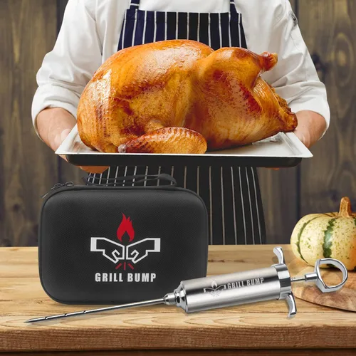 Vista 4 de Grill Bump Kit de jeringa para inyector de carne con 3 agujas de inyector profesional de marinada y estuche de viaje para ahumador de parrilla, pavo