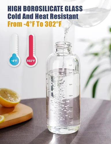 Vista 4 de NiHome - Botella de agua de vidrio de 25 onzas / 25.4 fl oz con pajitas de metal, 2 tapas, transparente High Borosilicate Glass Water Bottle with