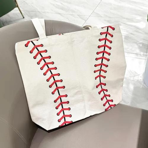 Vista 6 de Bolsa de béisbol para mujer, bolsa grande de lona de algodón de béisbol, reutilizable, bolsa de compras, playa, viaje, deporte, gimnasio, bolsa