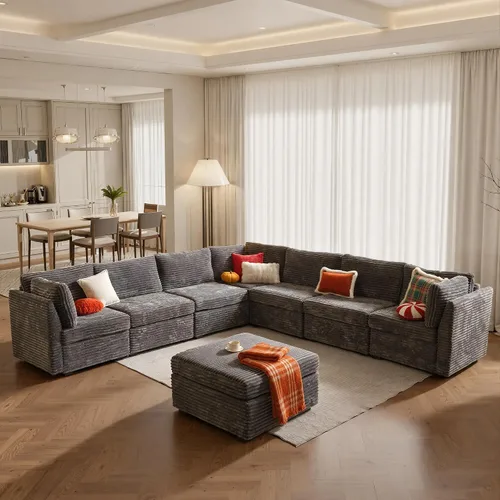 Vista 28 de Ovios - Sofá modular con diván en forma de U y otomanas, cómodo y mullido, tapizado en pana estilo nube, moderno, asiento profundo, juego de sofás