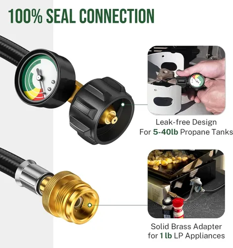 Vista 3 de Adaptador de manguera de propano de 6 pies de 1 libra a 20 libras con calibre, adaptadores de tanque de propano convertidor de 1 lb a 20 libras