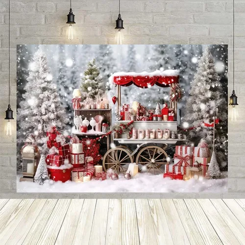 Vista 2 de Telón de fondo de fotos para tienda de cacao caliente de invierno, carrito de madera, decoración del hogar familiar, fondos de fiesta de vacaciones