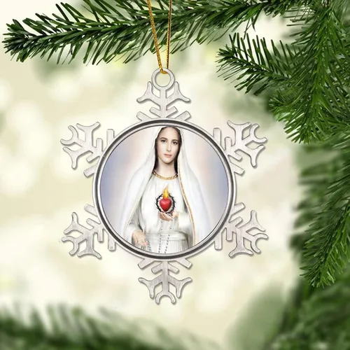 Vista 2 de Adornos metálicos de copo de nieve de Nuestra Señora de Fátima, adorno de Navidad, recuerdo, regalo, adornos colgantes para decoración de árbol
