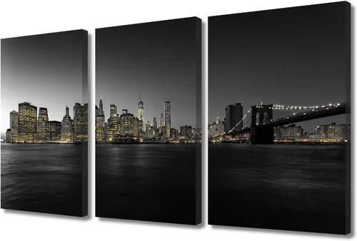 Vista 67 de TUMOVO 3 paneles de paisaje urbano en blanco y negro de Estados Unidos, arte de pared, famoso puente Golden Gate, San Francisco por la noche