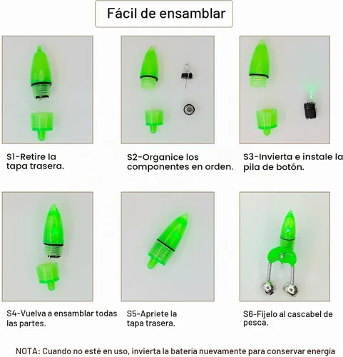 Vista 3 de Campanas de pesca con luces, 20 unidades, luces LED de pesca nocturna, 10 piezas de caña de pescar, campana de alarma de cebo, accesorios de pesca