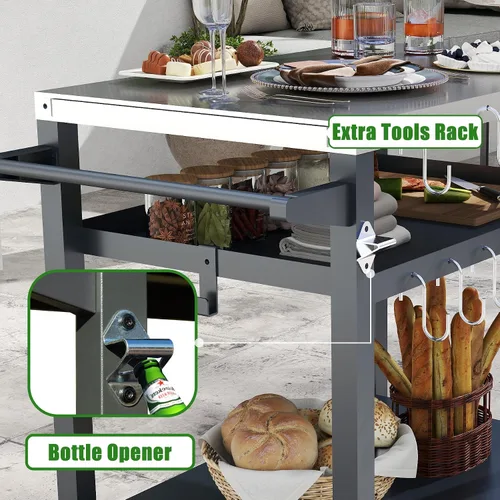 Vista 6 de Domi - Mesa de parrilla para exteriores de 3 estantes, carrito de parrilla con ruedas, horno de pizza al aire libre y mesa de preparación