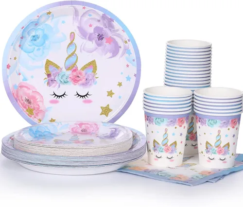 Vista 8 de Decoraciones de fiesta de cumpleaños de unicornio, platos de unicornio arcoíris y servilletas para niñas, decoración de cumpleaños, tarde, té