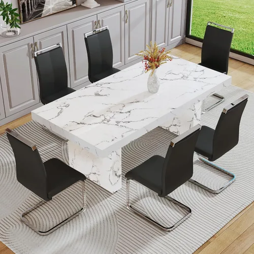 Vista 42 de gopop Mesa de comedor de mármol de 63 pulgadas, tablero de mesa de comedor MDF con patrón de mármol y base para cocina y comedor.