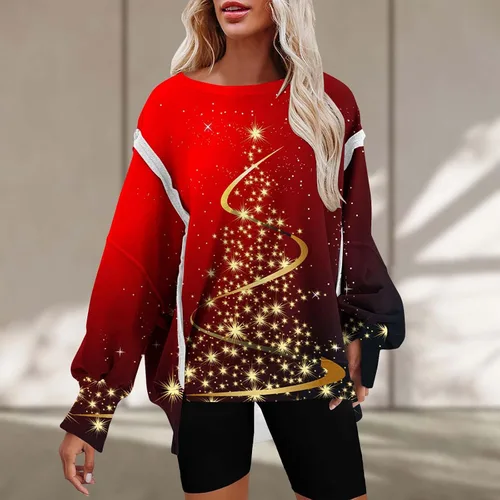 Vista 2 de Sudaderas para mujer con estampado gráfico de Navidad, suéter de retazos sólidos, camisas casuales de ajuste holgado a rayas