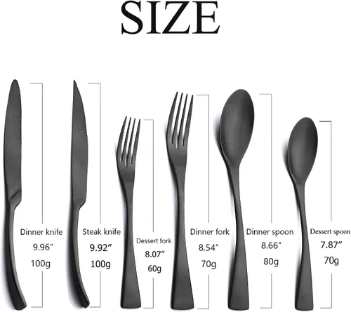Vista 3 de Juego de cubiertos de color negro mate con cuchillo para carne, 24 piezas de cubiertos pesados de acero inoxidable 18/10, juego de utensilios