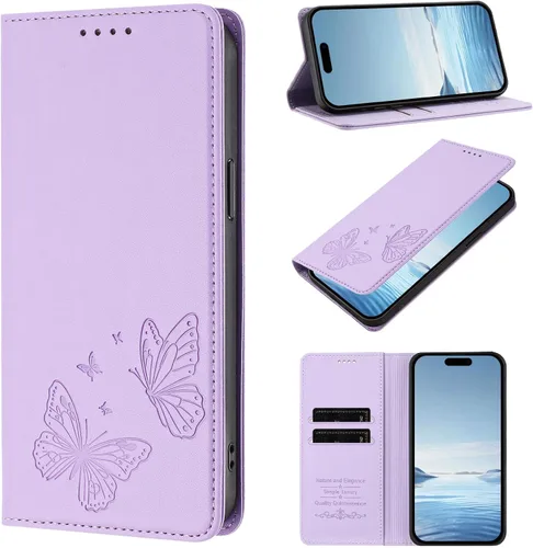 Vista 15 de Butterfly Embossed Leather Wallet Flip Case for Motorola Moto E22i 4G, Magnetic Closure, RFID Blocking Cover, Card Holder Red.