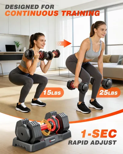 Vista 4 de Rendpas Adjustable Dumbbell Set, Quick Adjust Free Weights for Home Gym 25/55/80/90lb weight dumbbells w/non-slip handle, dual-lock safety
