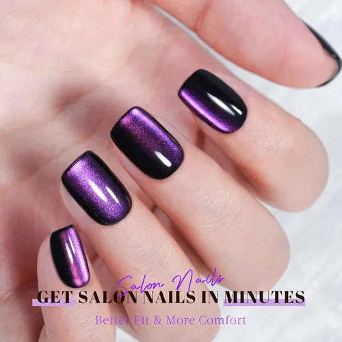 Vista 2 de Jofay Fashion - Uñas cortas a presión con diseño de ojo de gato, elegantes uñas cuadradas moradas, uñas postizas de gel suave, uñas postizas