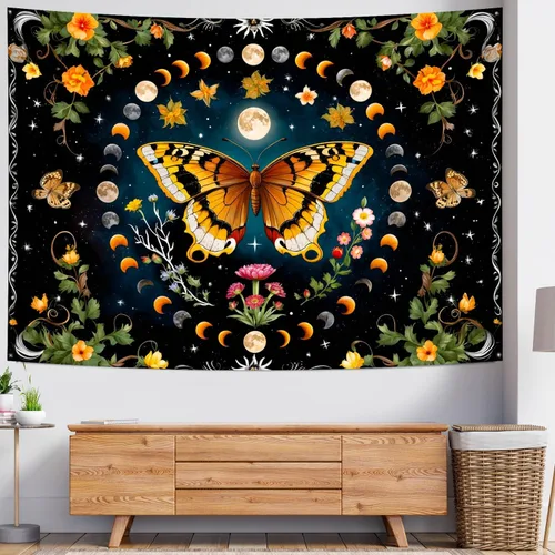 Vista 3 de Delur Tapiz de mariposa y luna, flores, botánico, floral, bohemio, tapiz para colgar en la pared, mandala estético, hongo, retro, vintage, cabecero