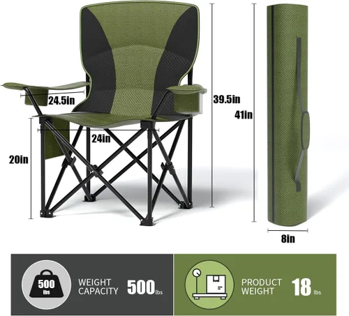 Vista 2 de Silla plegable resistente de capacidad de 500 libras, sillas de campamento de gran tamaño con soporte para tazas, bolsa enfriadora y bolsa