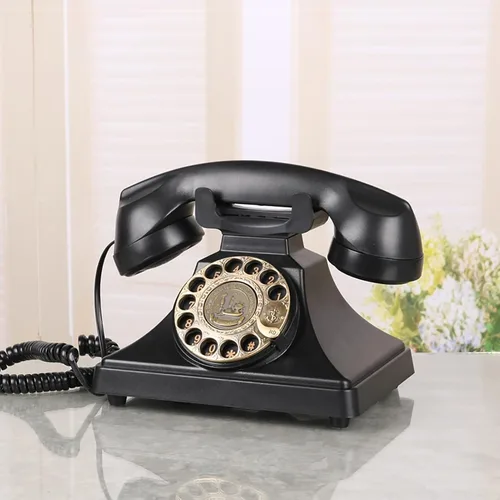 Vista 2 de Teléfono fijo clásico retro con cable, teléfonos vintage negros, teléfono giratorio de la vieja escuela, teléfono antiguo con timbre mecánico