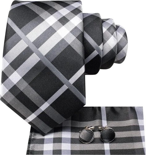 Vista 291 de Hi-Tie Corbata clásica de cachemira para hombre con pañuelo y gemelos a cuadros